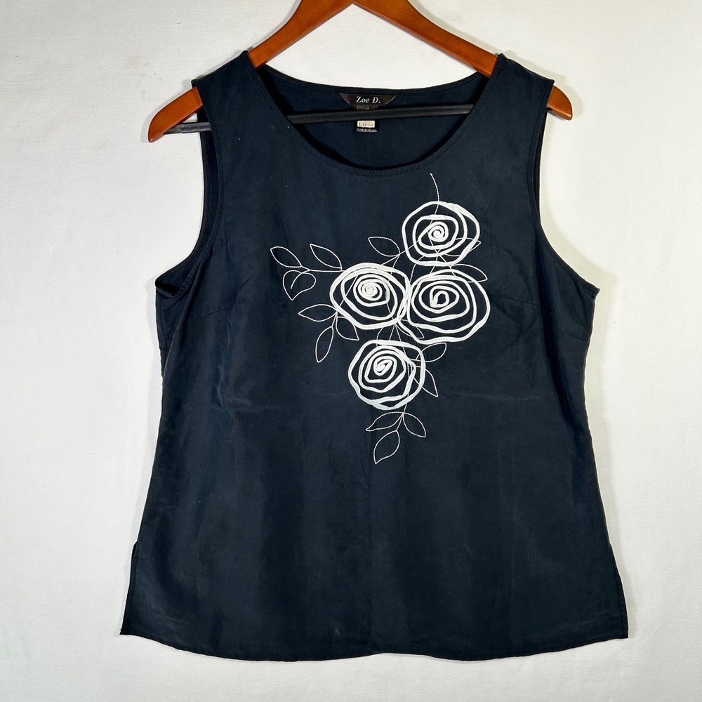 Zoe D. Womens Black Cupro Sleeveless Floral Embroidered Rose Blouse Top Size 10
